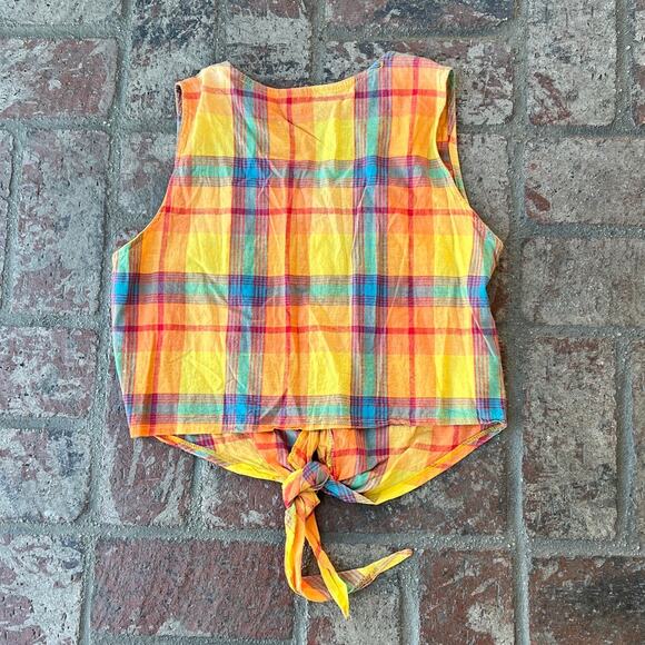 Vintage Bonjour 100% Cotton Plaid Top Sleeveless Size M Tie Front Button Front - Picture 3 of 3